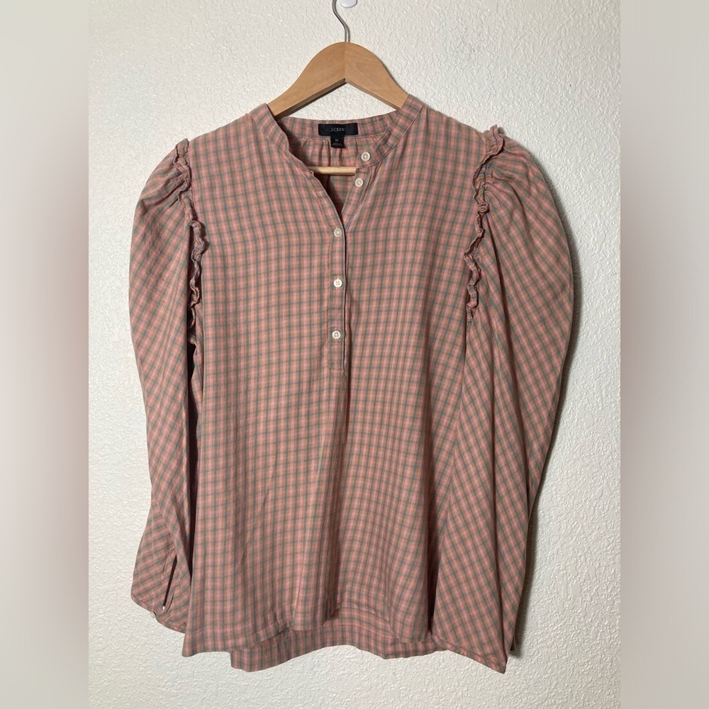 J Crew pink plaid popover blouse Medium long sleeve ruffle detail